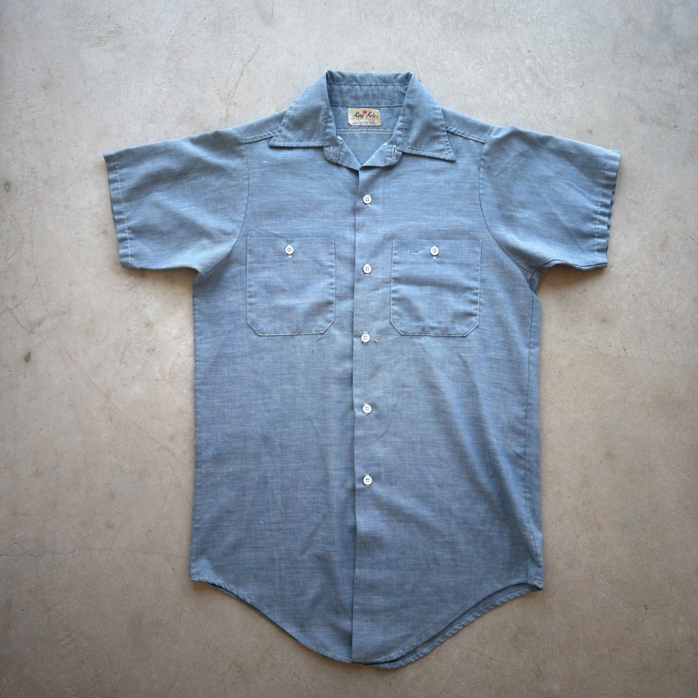 Vintage King Kole Men Blue Short Sleeve Work Shirt Chambray Permanent Press